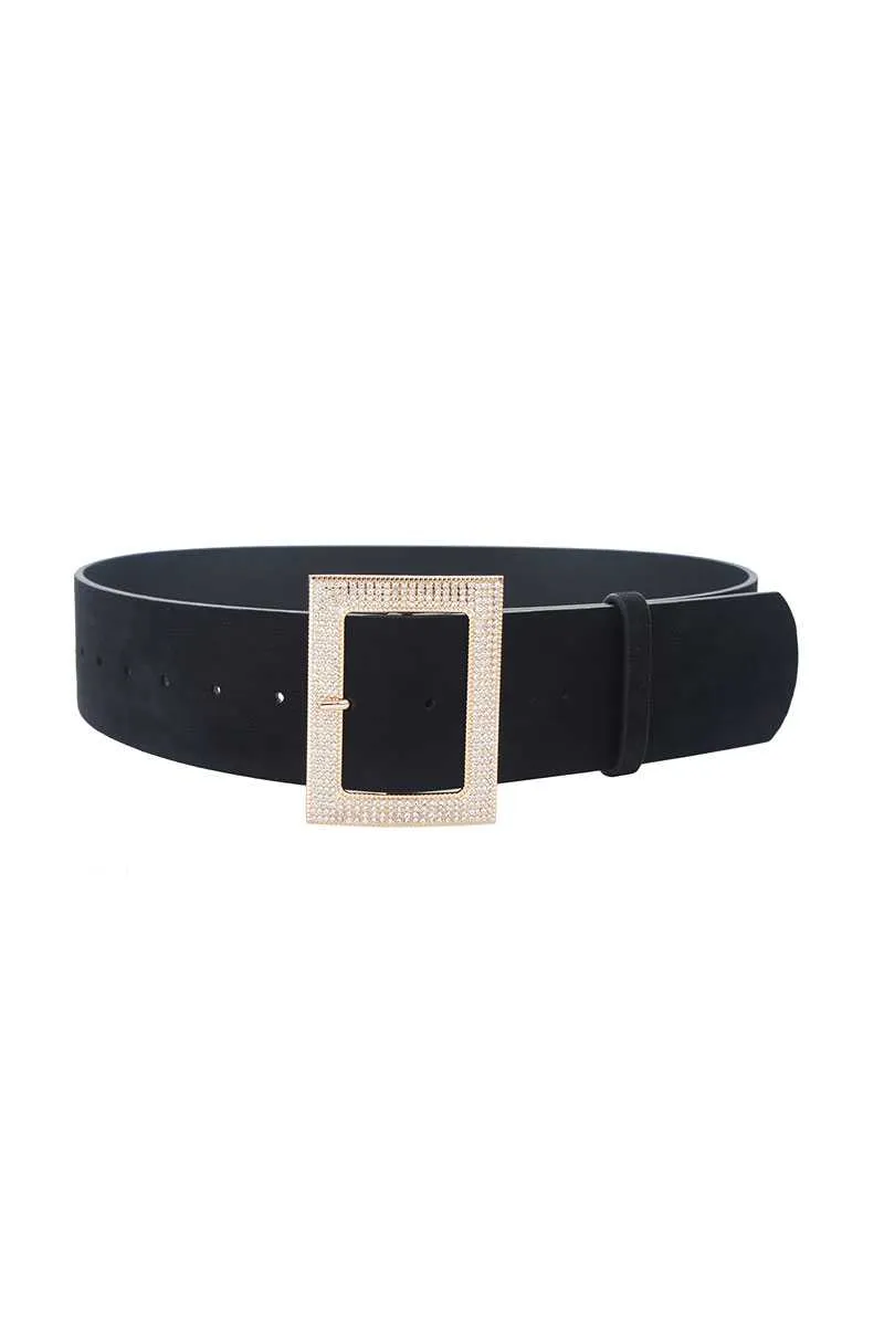 Rectangle Rhinestone Buckle Suede Belt