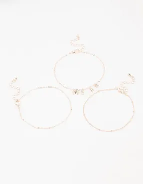 Rose Gold Butterfly Diamante Drop Anklets 3-Pack