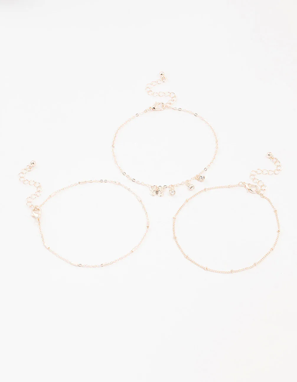 Rose Gold Butterfly Diamante Drop Anklets 3-Pack