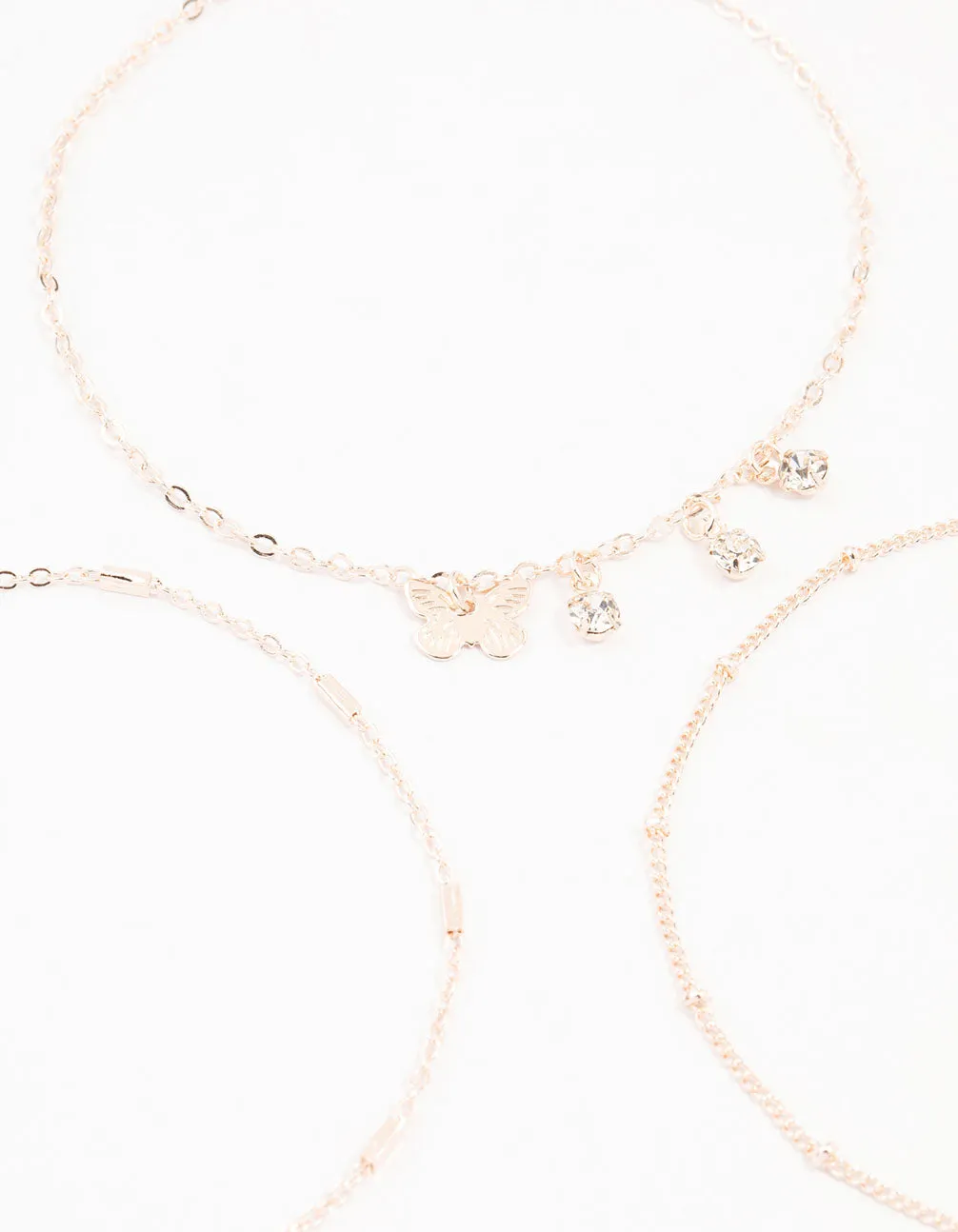 Rose Gold Butterfly Diamante Drop Anklets 3-Pack