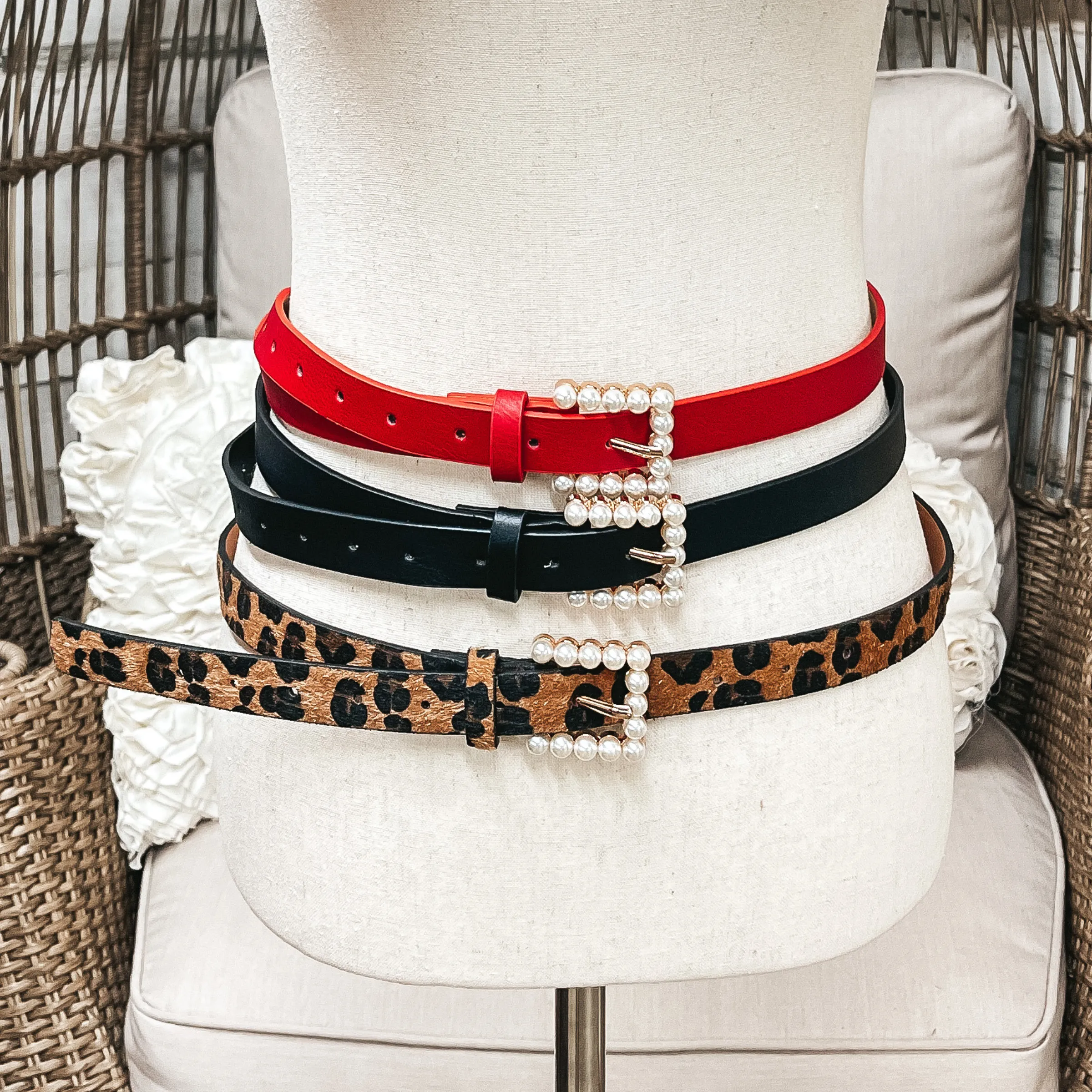 Set of Three | Pearl Embellished Buckle Fashion Belts in Leopard Print Hide, Red, and Black