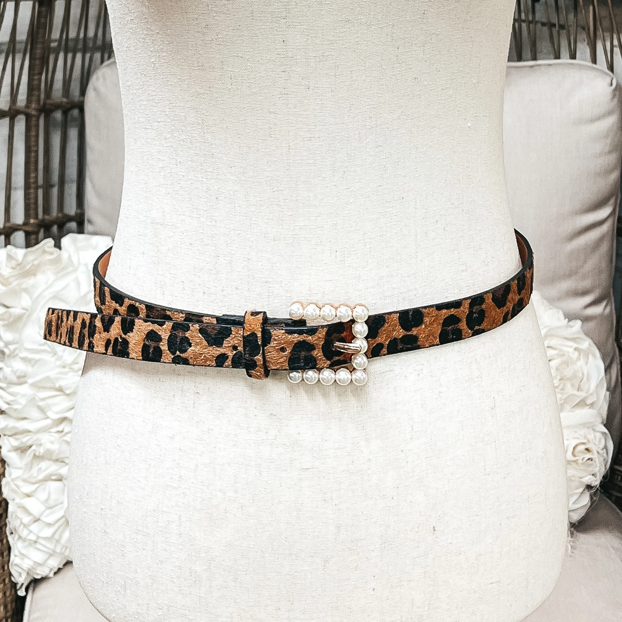 Set of Three | Pearl Embellished Buckle Fashion Belts in Leopard Print Hide, Red, and Black