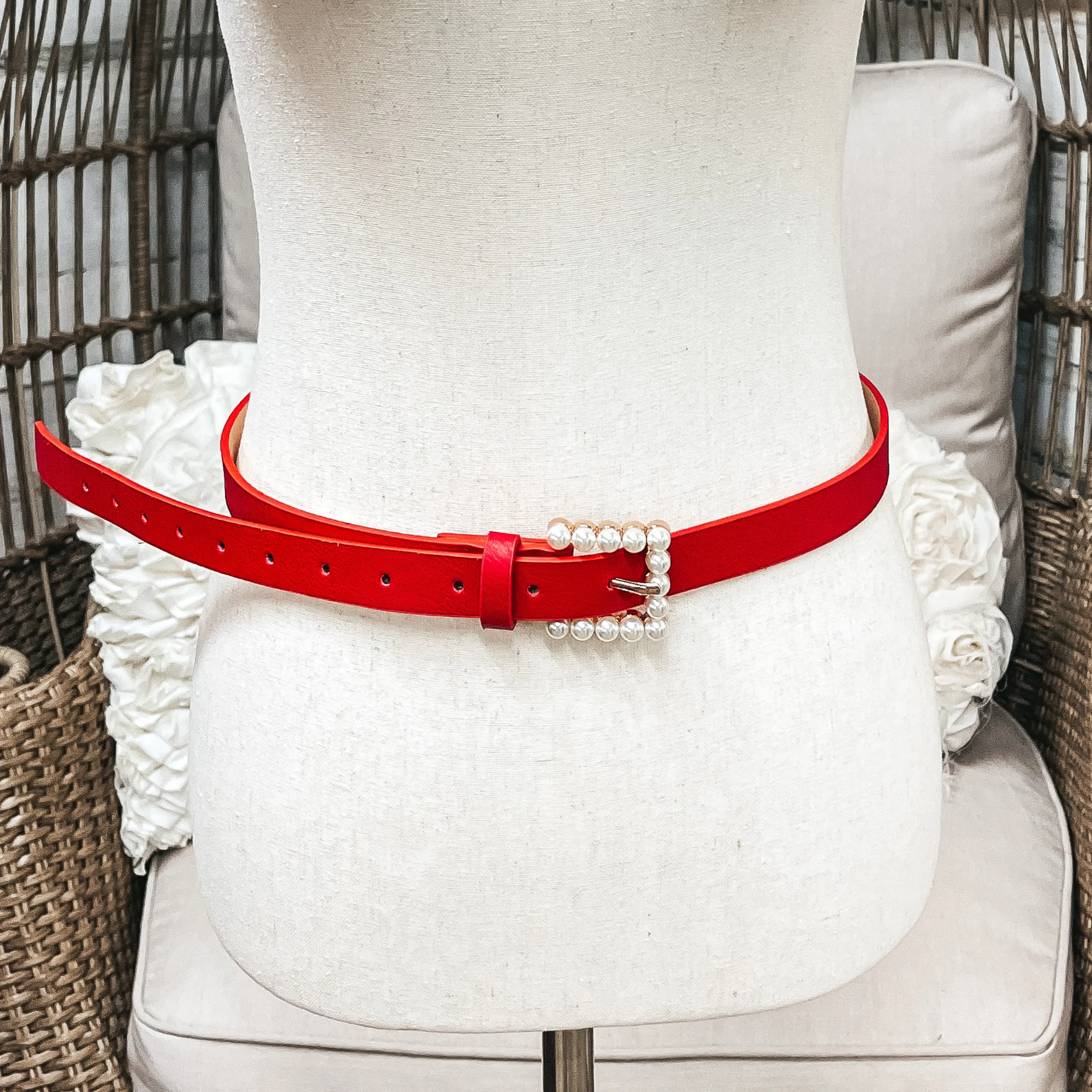 Set of Three | Pearl Embellished Buckle Fashion Belts in Leopard Print Hide, Red, and Black