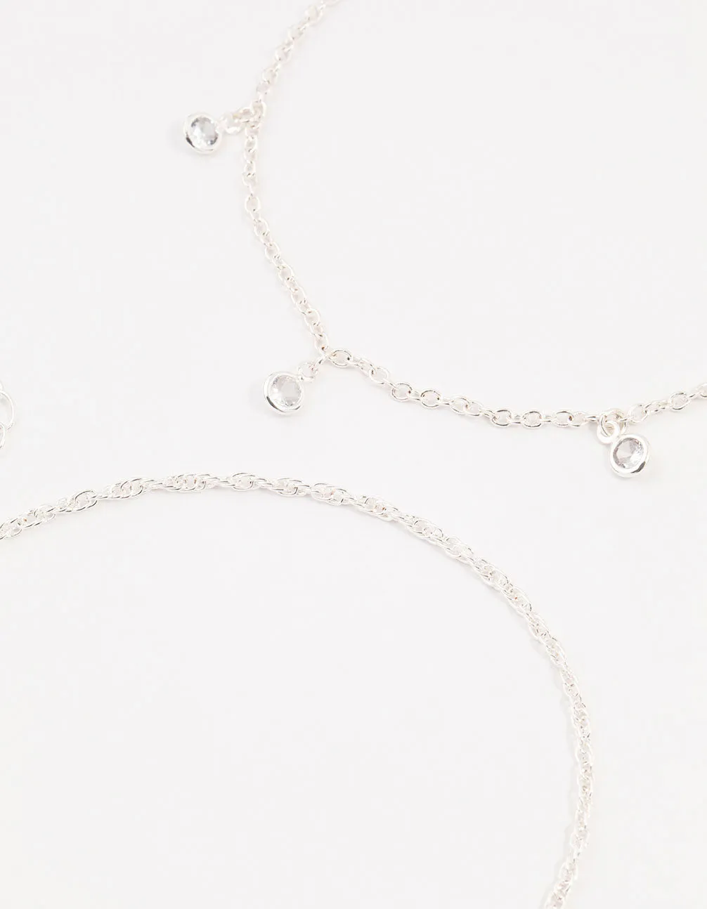 Silver Ball Chain Diamante Drop Anklets 3-Pack