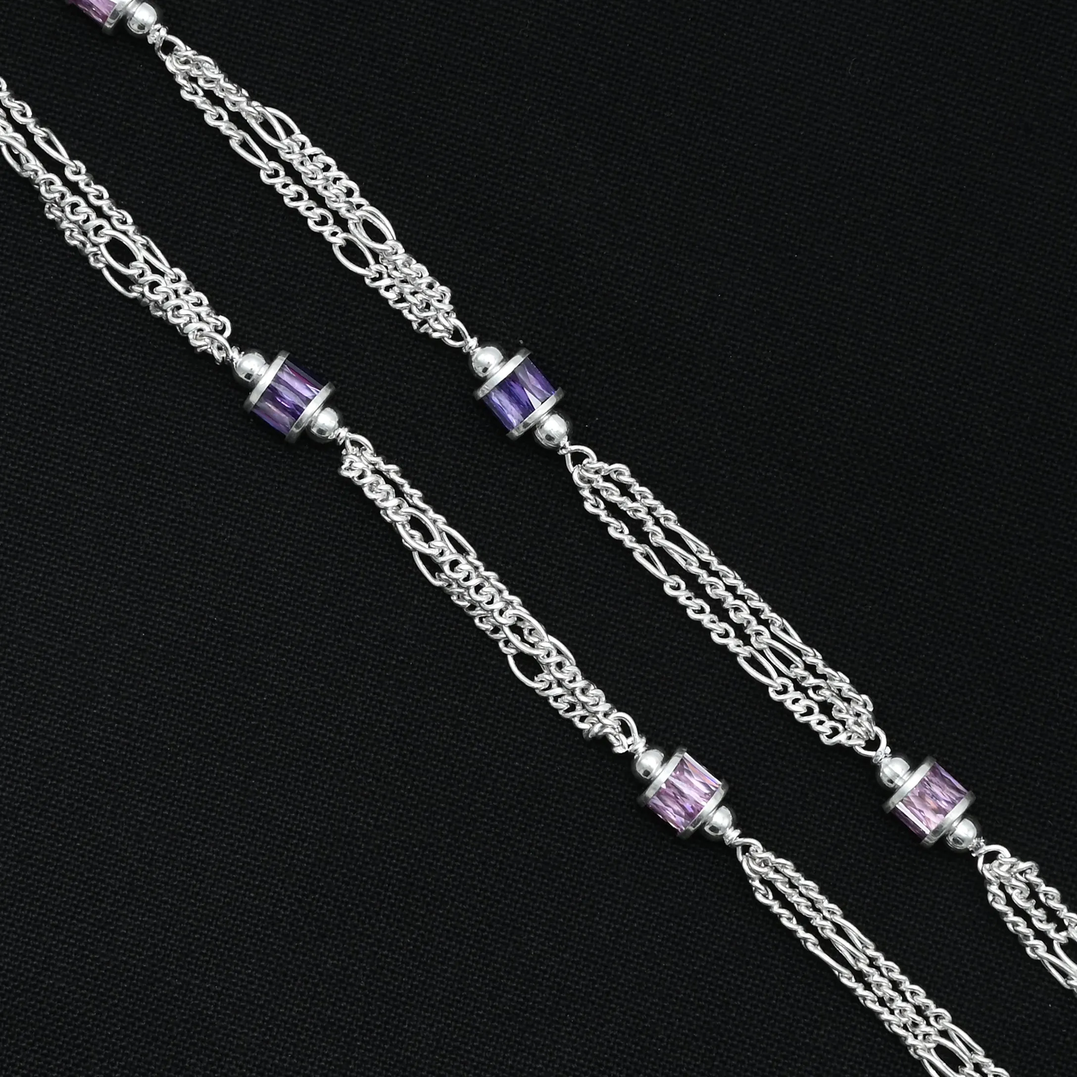 Silver Colorful Gems And Multiple Chain Anklets