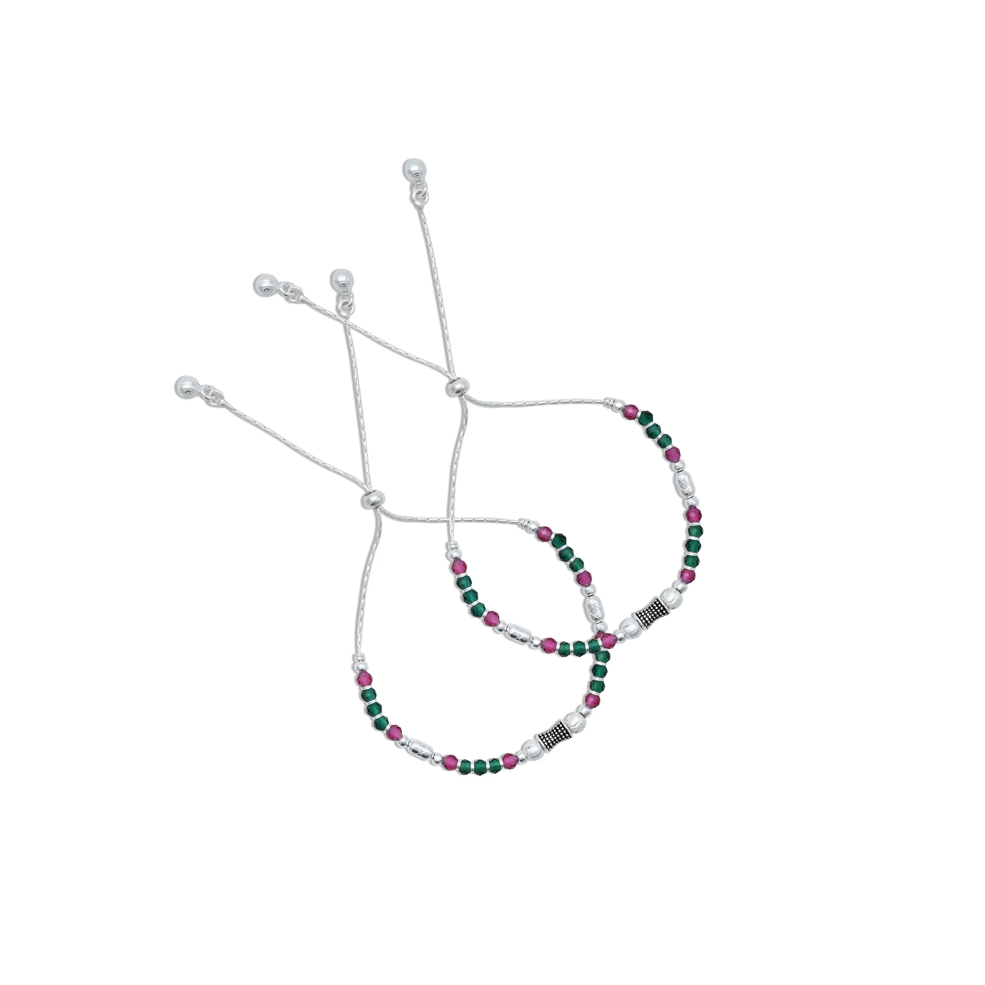 Silver Exclusive Pink &amp; Green Beaded Anklets for Girls