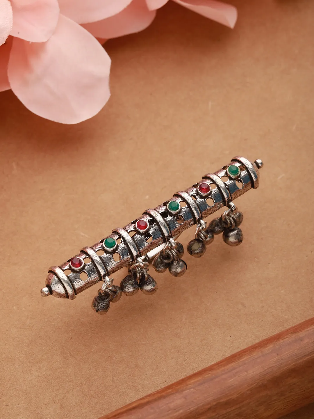 Silver Plated Red &Amp; Green Stone Studded Adjustable Finger Ring