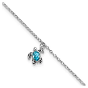 Sterling Silver Polished and Antiqued Blue Crystal Turtle 9 inch with an 1 inch Anklet