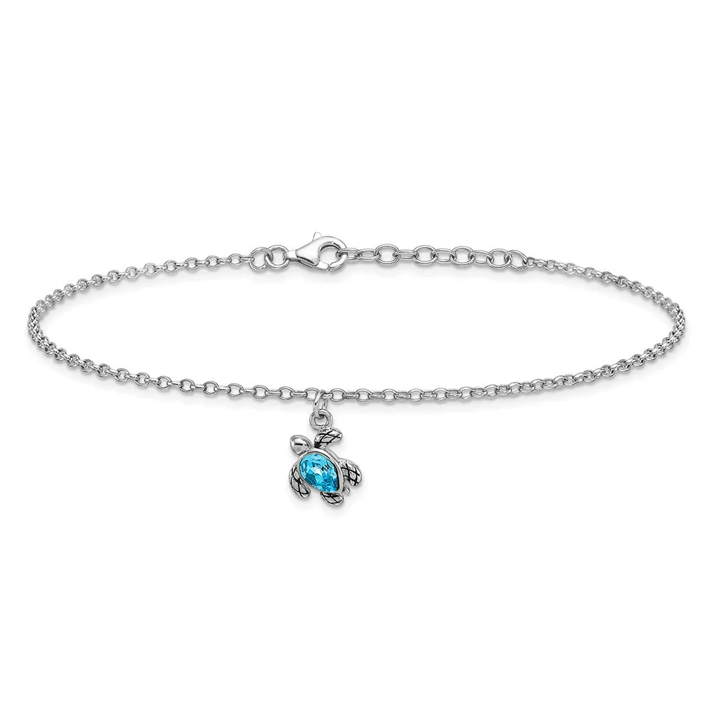 Sterling Silver Polished and Antiqued Blue Crystal Turtle 9 inch with an 1 inch Anklet