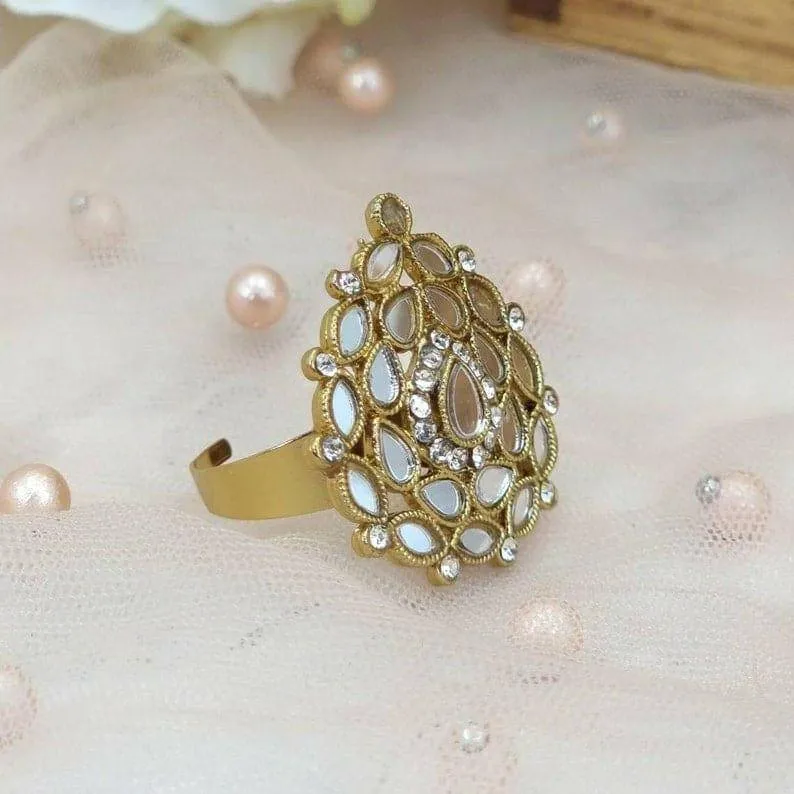 Tear Drop Antique Gold Mirrored Statement Ring