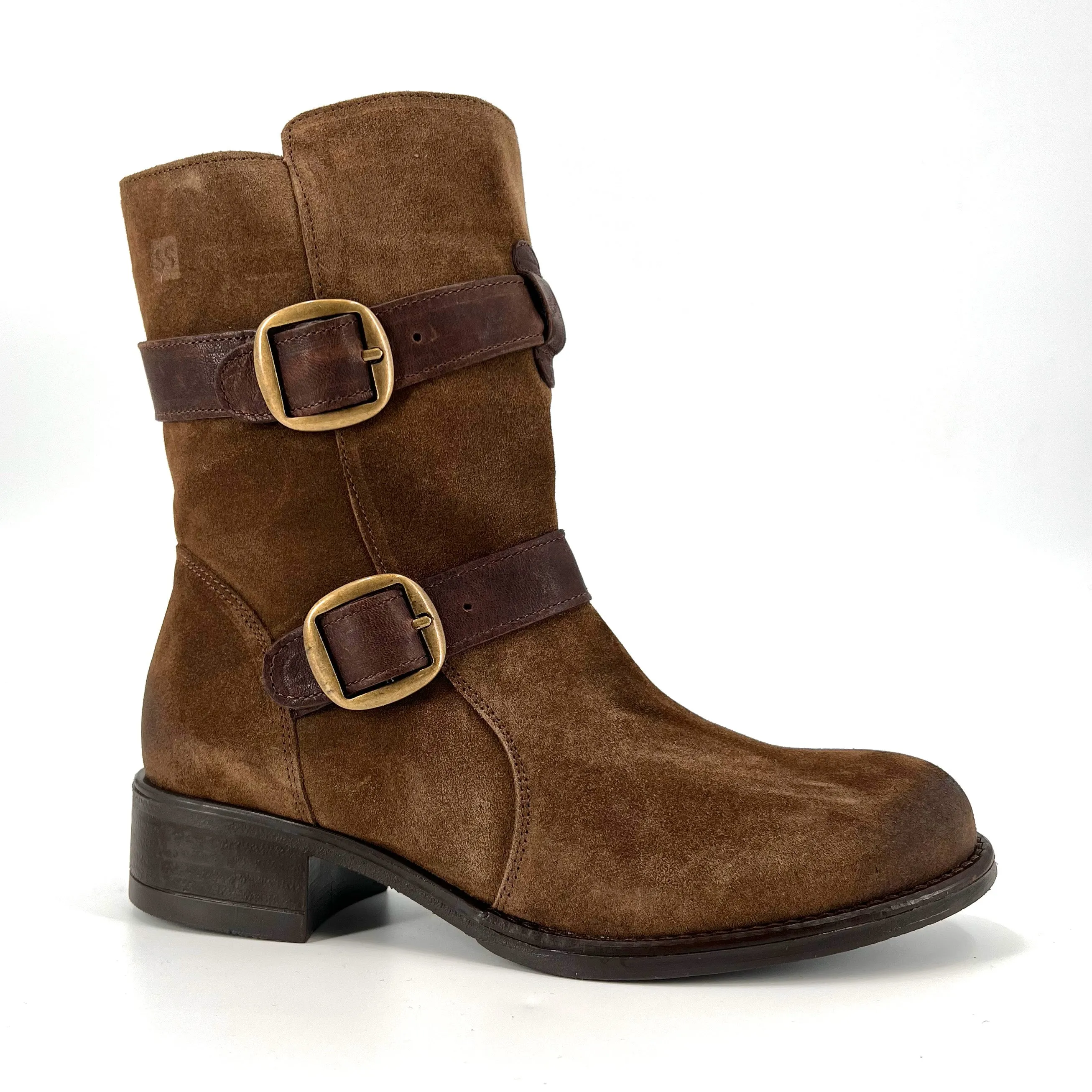 The Double Belt Moto Bootie in Brown