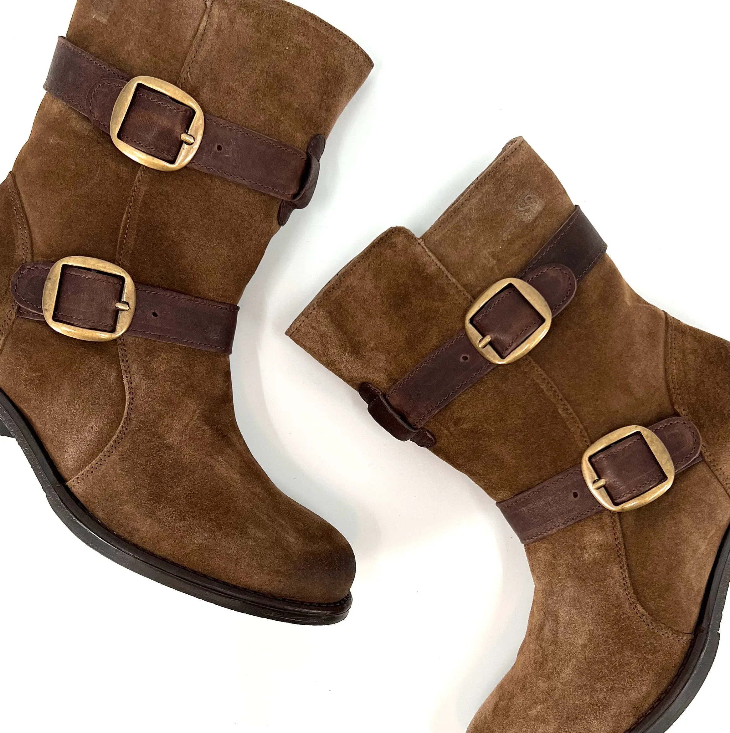 The Double Belt Moto Bootie in Brown