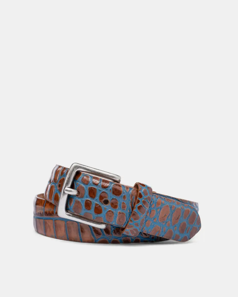 Two-Toned Embossed Crocodile Belt in Marine Leather