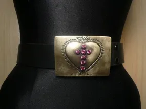 Virgins Saints and Angels Pink Swarovski Crystal Cross on Heart Engraved Buckle