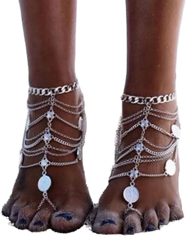 Wendalern Boho Layered Coin Anklets Vintage Coin Toe Ring Ankle Bracelets Silver Tassel Anklet Gypsy Beach Barefoot Sandals Anklet Foot Chain Jewelry for Women and Girls (1 Pcs)